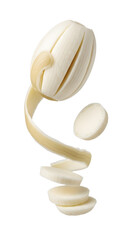 Peeled and sliced white onion with floating pieces isolated on white background, perfect for cooking and food recipes