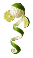 Peeled lime with spiral peel and slices isolated on white background, fresh citrus fruit perfect for cooking and drinks