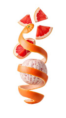Peeled grapefruit with spiral peel and fresh slices floating around, isolated on white background, perfect for healthy eating and food concepts