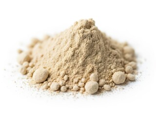 Pile of tan powder and small granules isolated on white background for design or health product use