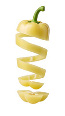 Yellow bell pepper spiral sliced floating on white background, fresh vegetable concept for cooking and healthy eating