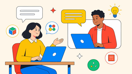 Two people working on laptops with icons