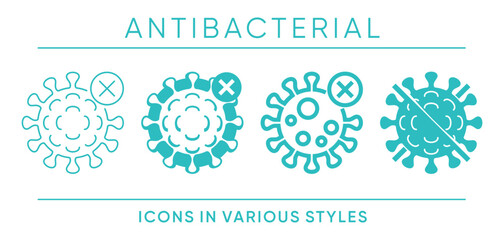 Antibacterial feature icons set with strikethrough germ