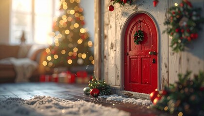 red christmas elf door on a living room wall  