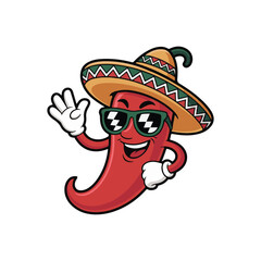 Happy Chili Pepper Mascot Waving Hand Wearing Sombrero and Sunglasses Cartoon Illustration