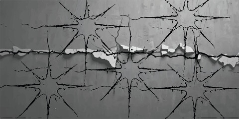 Broken wall with glass fragments and natural elements background