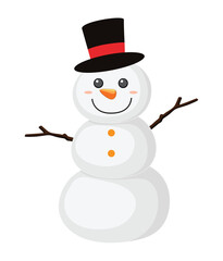 Cute Vector Snowman Illustration with Black Top Hat and Carrot Nose Isolated on White Background
