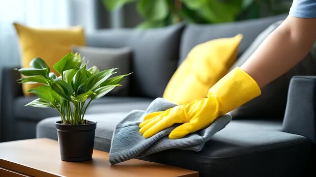 Sofa being cleaned with bright microfiber cloth and faceless hand in yellow glove, furniture maintenance, upholstery care, domestic cleaning, with copy space