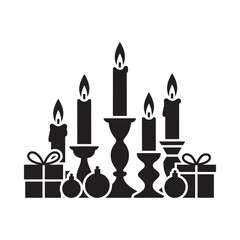 A black silhouette illustration of burning candles and festive gift boxes