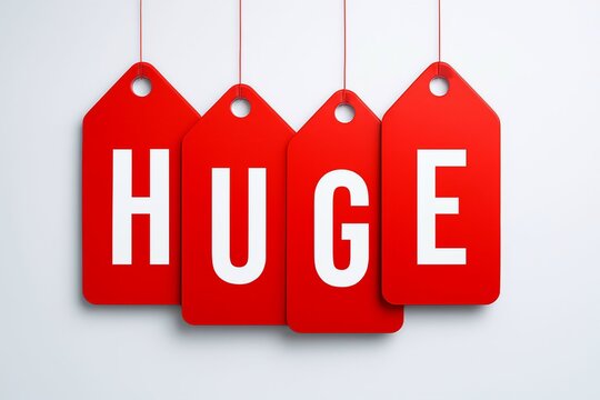 Four red sale tags with the word 'HUGE' spelled out in white letters, hanging from thin red strings against a light gray background.