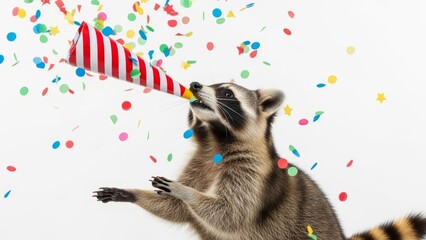 raccoon with a party noise maker in it's mouth, celebration, fun, on a white background, animal photo, blowing