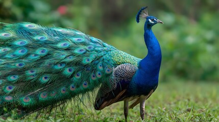 Fototapeta premium Majestic Peacock Displays Vibrant Plumage in Lush Greenery.