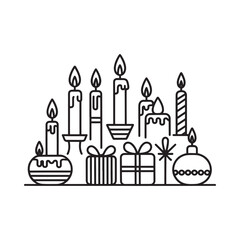 A festive arrangement of lit candles gifts and holiday decorations in black and white