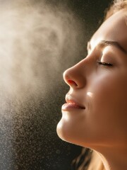Close-up of a woman's face with her eyes closed and powder or dust blowing across her nose and face.