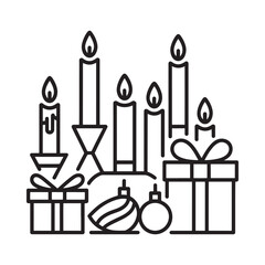 Line art illustration of lit candles gifts and holiday ornaments