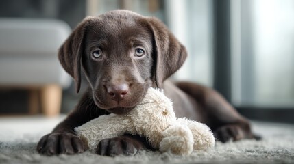 Adorable chocolate labrador puppy with plush toy in cozy home setting,National Hug Your Puppy Day