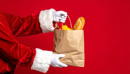Santa Claus holding grocery bag with baguette, bell pepper, and apple against bright red background.