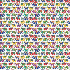 Seamless Indian Elephant and Peacock Pattern - Colorful Traditional Folk Art Textile Design