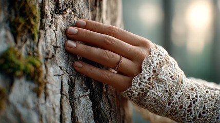 Woman's hand gently touching tree bark in serene forest setting