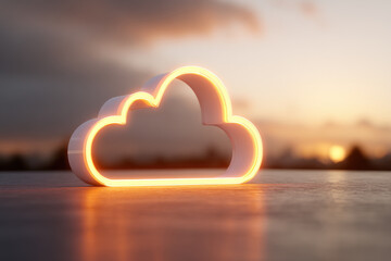 Cloud computing icon neon glow minimal technology cloud symbol digital data concept soft sunset light startup innovation mood modern network