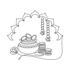 Line art illustration of traditional indian wedding elements pot coins and garlands