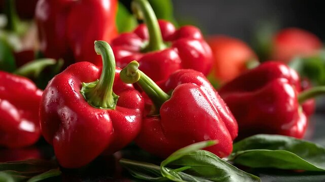 Close-up texture pattern of vibrant red paprika bell peppers, vegetable background detail, food photography, organic produce surface, with copy space