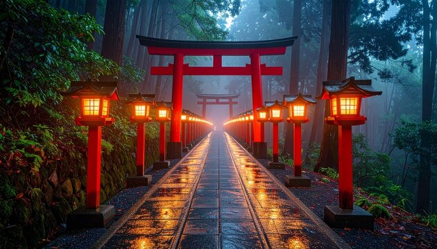 Forest pathway with lanterns leading to large red torii gate, wet ground reflecting warm glow, tranquil atmosphere.