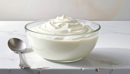 Clear glass bowl of creamy yogurt with swirl, spoon inside, on blue napkin with textured background.