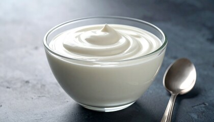 Clear glass bowl of creamy yogurt with swirl, spoon inside, on blue napkin with textured background.