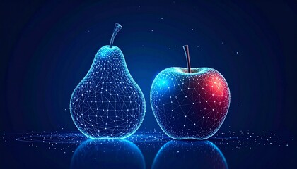 Digital illustration of pear and apple made of glowing blue dots and lines on dark gradient background.