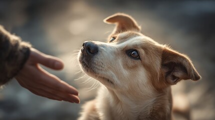 Loyal dog looking at human hand with trust and curiosity