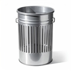 Shiny, cylindrical waste container with vertical slats and small handles