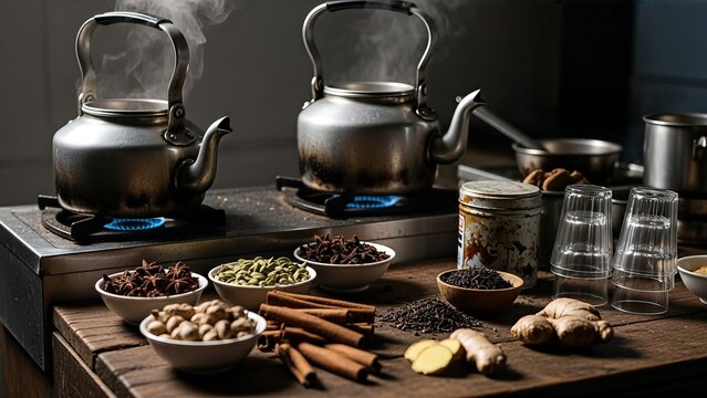 Traditional chai preparation with simmering kettles and an array of aromatic whole spices for a comforting brew