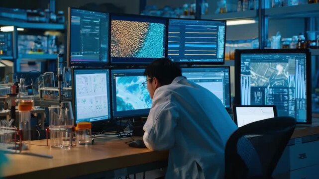 Medium shot showing a researcher monitoring eyetracking data on screens as subjects perform product comparison tasks in a controlled lab space.
