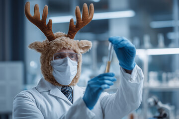 A scientist wearing a reindeer costume and medical mask examining a test tube in a laboratory.