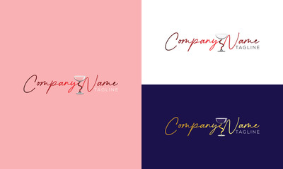 Elegant Wine Glass Logo Design with Multiple Color Variations