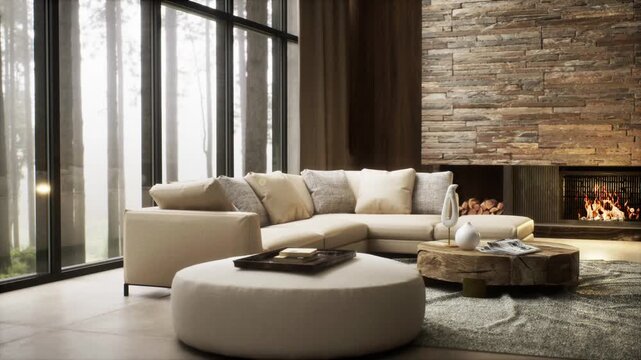 A modern home interior on an autumn day, with a fireplace that warms the room and creates a soft atmosphere with natural light and harmonious details. 3d rendering animation