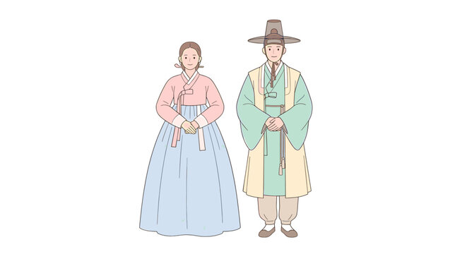 Illustration of a traditional Korean man and woman standing side by side in hanbok against a plain white background with a cultural and historical mood.