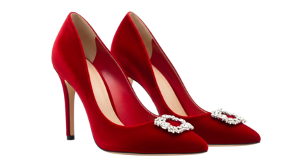 Red high heeled shoes with gemstone buckles isolated on transparent background