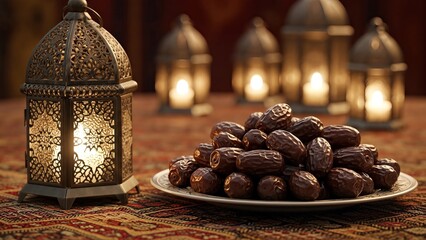Traditional festive arrangement a plate of delicious dates next to an ornate glowing lantern. Soft background candlelight creates a warm, inviting atmosphere for cultural celebration