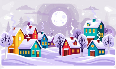 Fototapeta premium Magical twilight winter village with snowy houses under a purple moonlit sky.