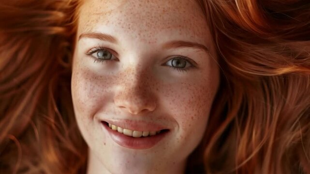 A girl with red hair and freckles, smiling at the sun, creates a warm and friendly backdrop for brands promoting naturalness and a positive worldview.
