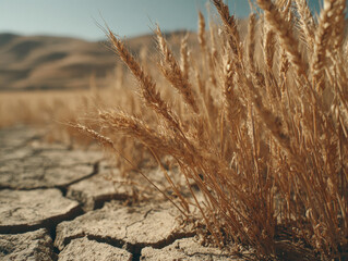 Obraz premium Golden wheat growing on dry cracked earth under blue sky with distant hills in the background, showcasing the contrast of nature and drought-affected land in summer season.