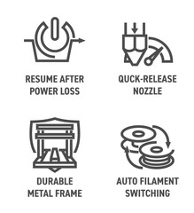 3D printer icons in bold line - Auto switching, Durable frame, Quick-release, Resume