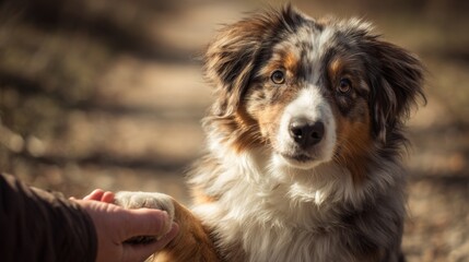 Australian shepherd dog shaking hand in nature setting for pet care and training concepts,National Hug Your Puppy Day