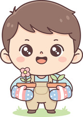 cartoon boy holding pots with plants and smiling
