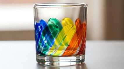 Vibrant rainbow ice cubes in a clear drinking glass on a table