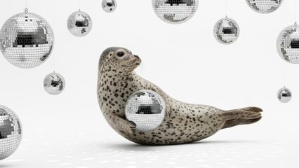 Obraz premium seal with a mirrored disco ball, party celebration, on a white background, party animal photo 
