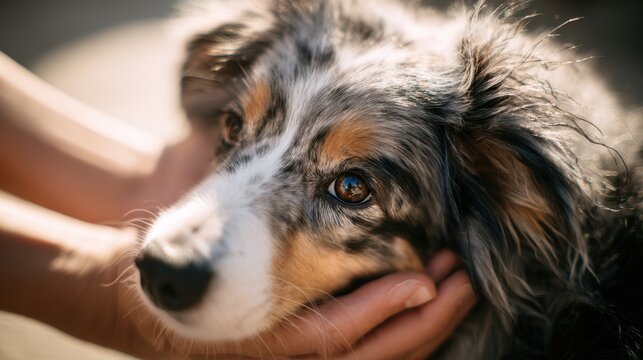 Heartwarming close-up portrait of a relaxed dog comforted in a gentle human touch,National Hug Your Puppy Day