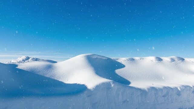 Serene Snow-Covered Mountain Landscape Under Twilight Sky with Falling Snowflakes